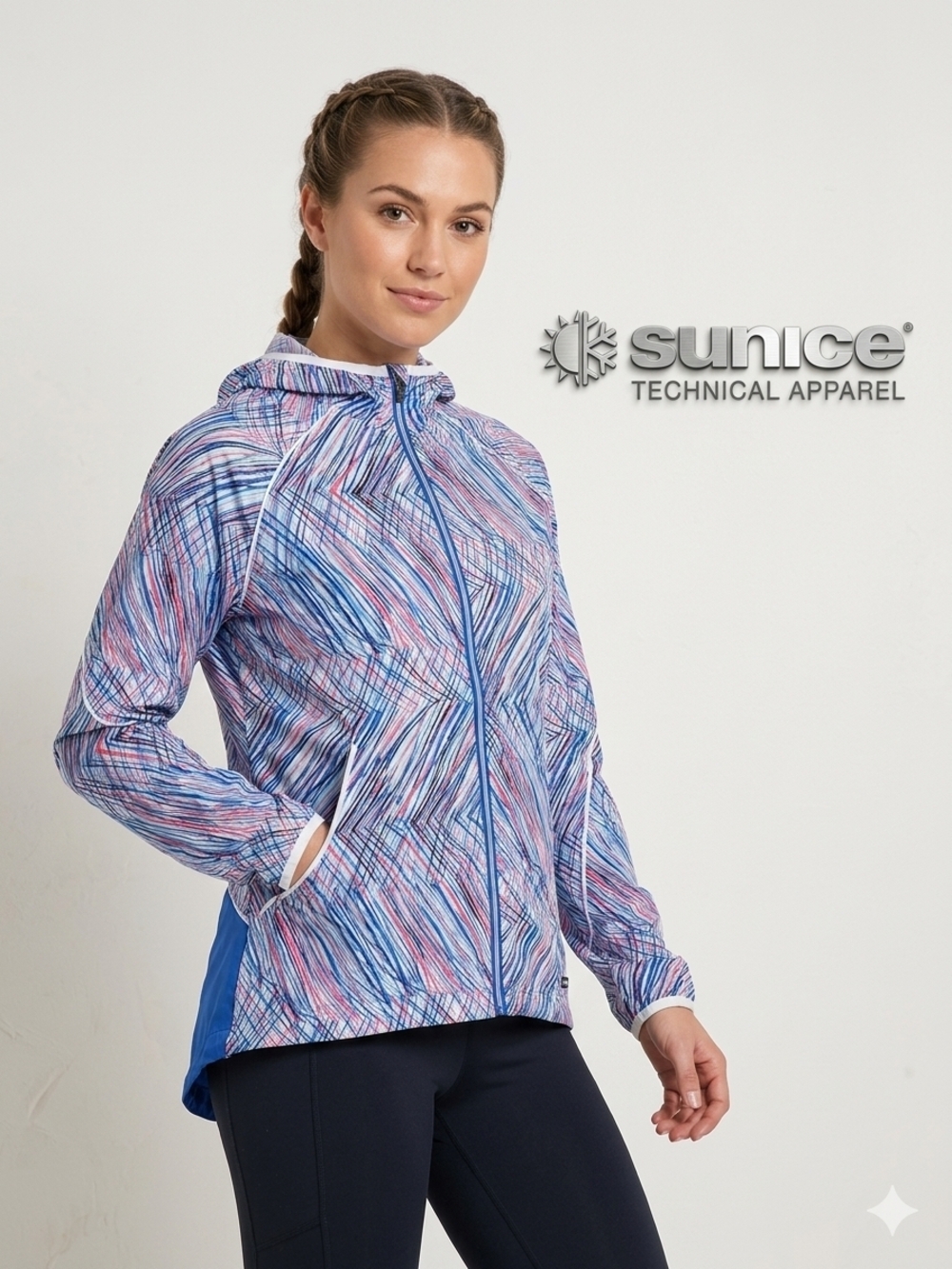Sunice Women’s Hooded Utility Jacket in Blue, Pink and White Pattern